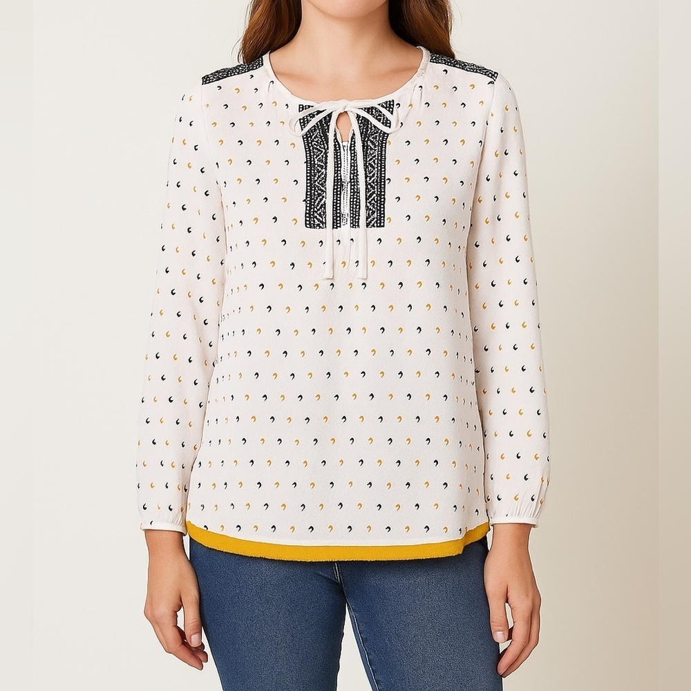 THML Moon Print Embroidered Boho Blouse Mustard Yellow Navy White Top XS